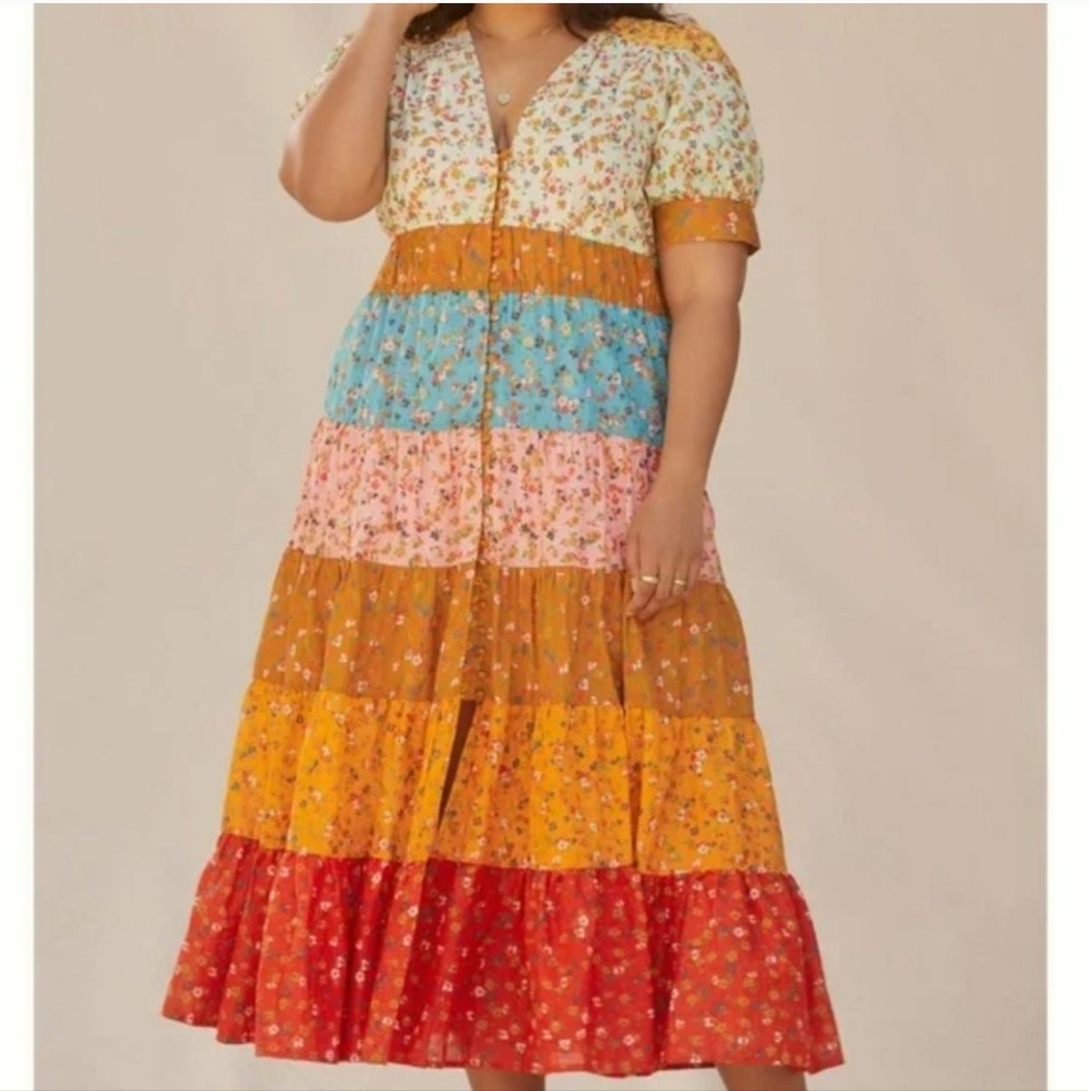 Anthropologie Multicolor Floral Tiered Midi Dress